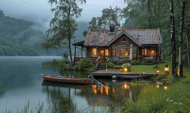 Photo une maison avec un bateau sur l'eau et un bateau dans l'eau