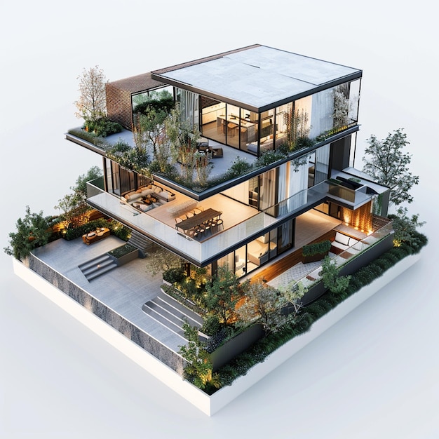 une maison avec beaucoup de fenêtres et beaucoup d'arbres autour d'elle