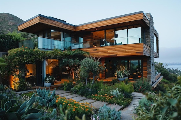 une maison avec beaucoup de fenêtres et de plantes