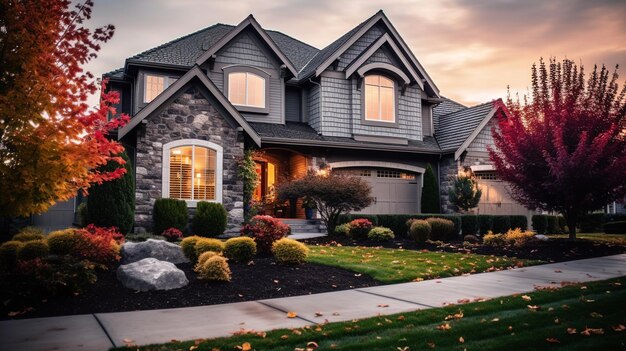 Maison avec une belle cour paysagée et allée à l'automne