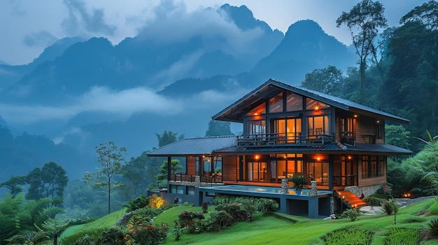 Une maison avec une belle vue sur les montagnes à Phu Langka National