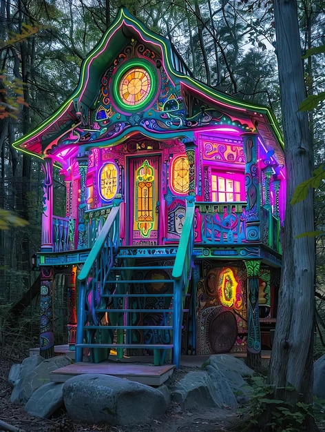 Une maison bien éclairée dans les bois avec des escaliers