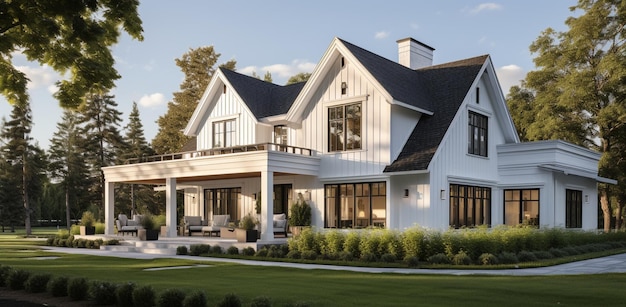 maison blanche arafée avec un porche et un porche couvert ai générative