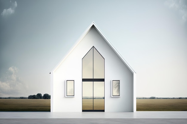 Une maison blanche avec un aspect minimaliste Toit à pignon une porte en bois une fenêtre en verre et un ciel dégagé