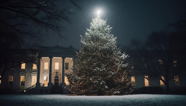 La maison blanche est éclairée la nuit.