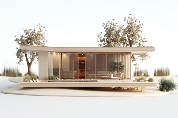 Une maison blanche avec une grande fenêtre en verre et un balcon dans le style de modèle de dessin animé