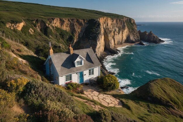 Une maison blanche isolée sur une falaise côtière