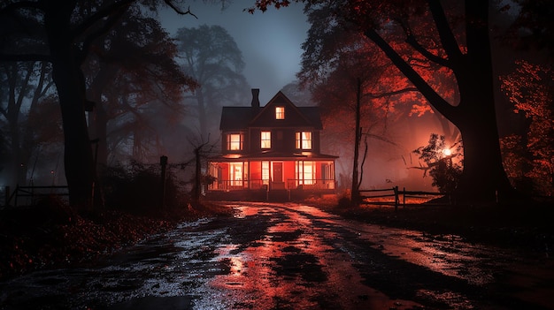 La Maison Blanche et la Maison Rouge entourées d'arbres la nuit