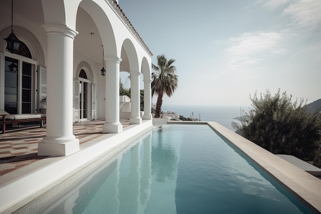 Maison blanche méditerranéenne traditionnelle avec piscine sur une colline avec vue imprenable sur la mer