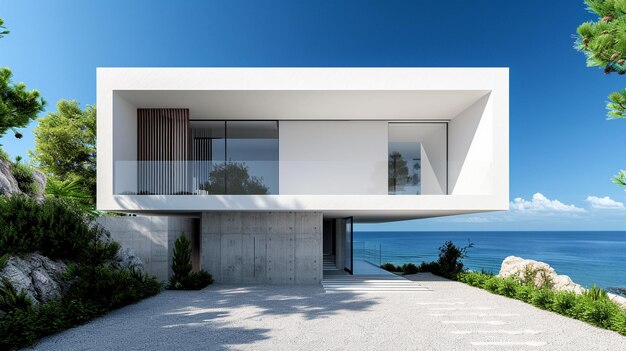 maison blanche moderne avec entrée en béton sur fond avec vue sur la mer Generative Ai