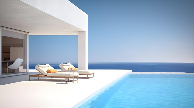 Une maison blanche avec une piscine et une mer bleue en arrière-plan