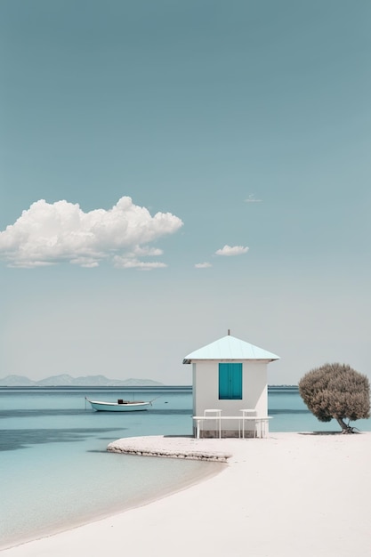 Une maison blanche sur une plage avec un ciel bleu et un bateau en arrière-plan