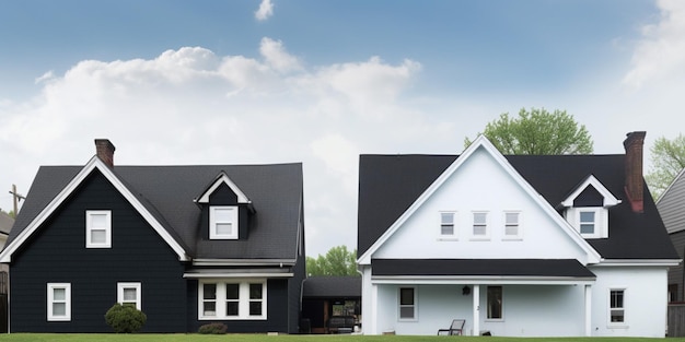 Une maison blanche avec un revêtement noir et un toit blanc