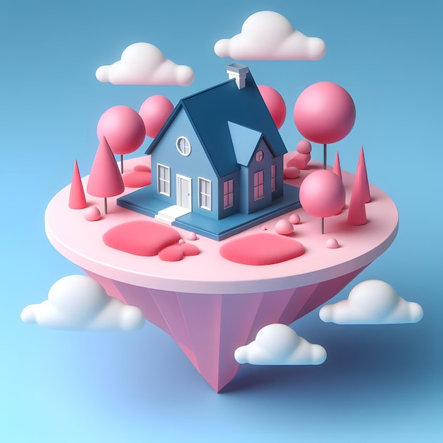 Une maison bleue 3D avec un toit pointu est sur une île rose entourée d'arbres roses.