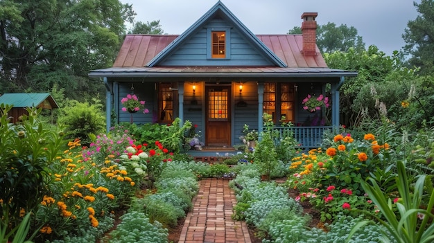 Une maison bleue entourée de fleurs et de verdure colorées