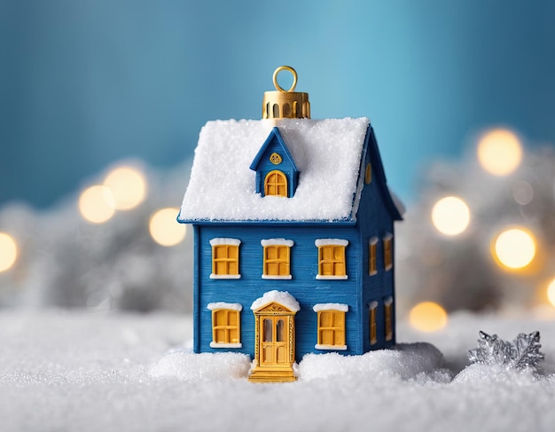 Maison bleue miniature dans l'atmosphère de la neige du Nouvel An