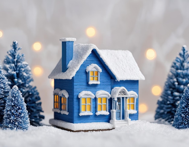 Maison bleue miniature dans l'atmosphère de la neige du Nouvel An