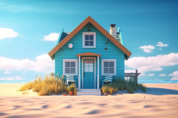 Une maison bleue sur la plage avec une maison bleue sur le devant.