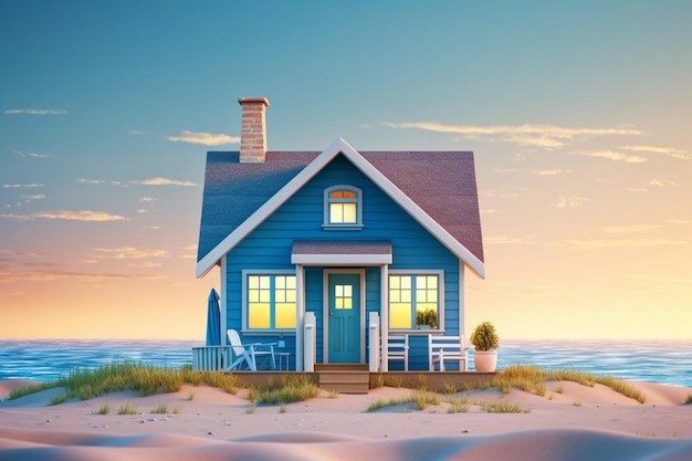 Une maison bleue sur la plage avec une scène de plage.