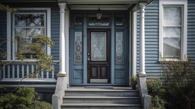 Une maison bleue avec une porte d'entrée bleue et un porche avec une porte vitrée.