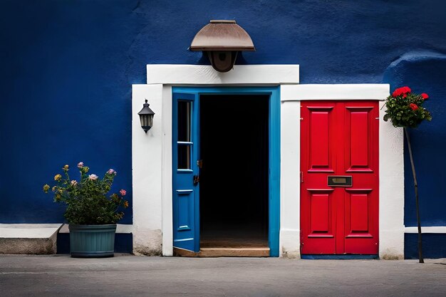 Photo une maison bleue avec une porte rouge et un mur bleu.