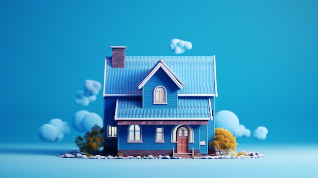 Une maison bleue avec un toit bleu et un paysage enneigé.