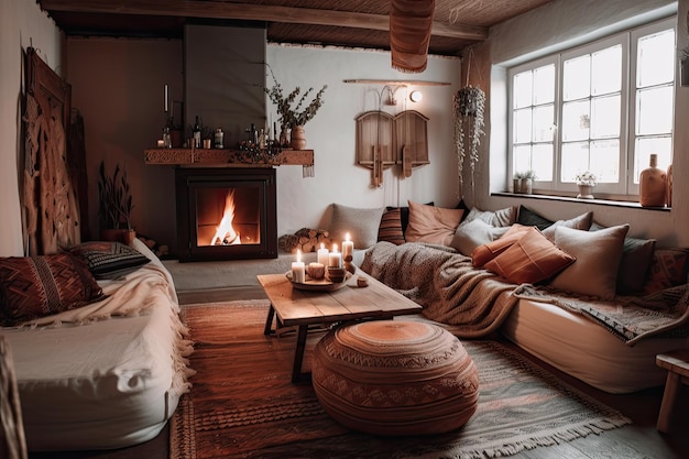 Une maison bohème confortable et chaleureuse avec une cheminée et des oreillers moelleux créés avec une IA générative