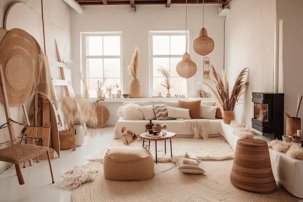 Photo une maison bohème avec un intérieur minimaliste avec des matériaux naturels et des accents organiques