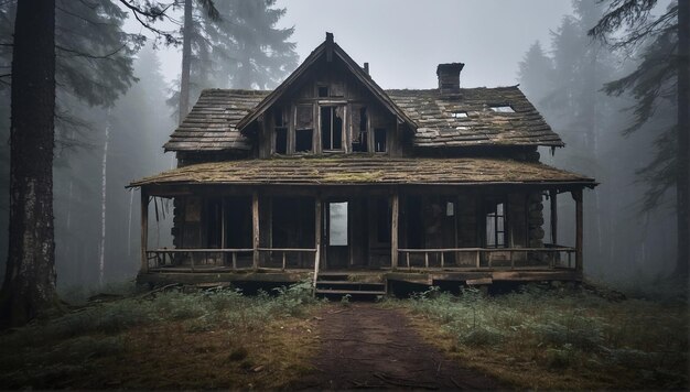 Photo une maison en bois abandonnée au milieu d'une forêt sombre et brumeuse