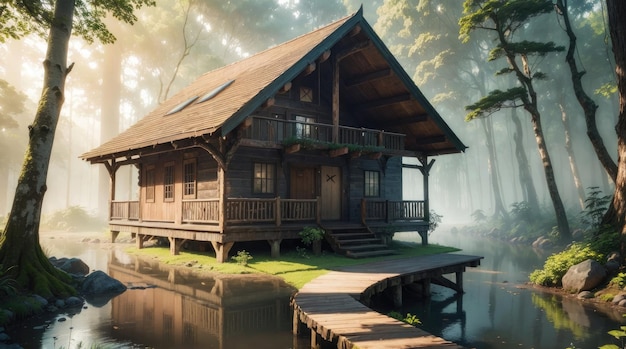 Une maison en bois au bord d'un lac dans la forêt