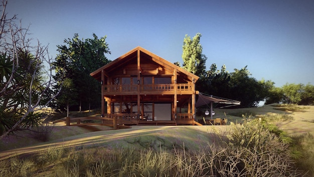 maison en bois à la campagne un jour d'été avec de l'herbe et des arbres sur fond de ciel bleu