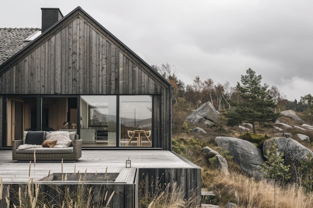 Une maison en bois avec un canapé sur un pont