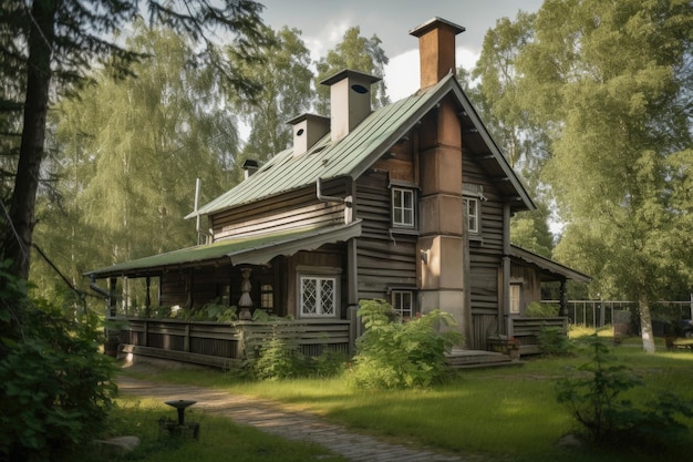 Maison en bois avec cheminée en métal entourée d'arbres verts créés avec une IA générative