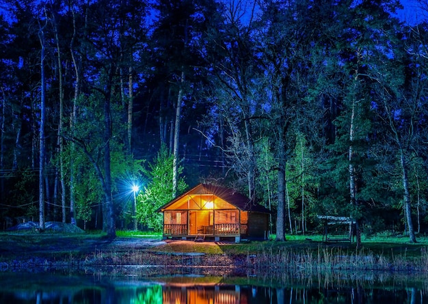 Maison en bois dans la forêt de conifères près de l'étang la nuit