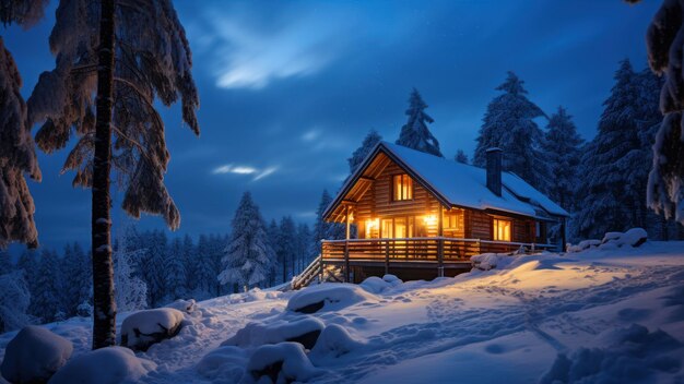 Maison en bois dans la forêt d'hiver la nuit