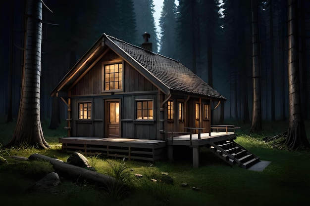 Une maison en bois dans une forêt avec une terrasse et des lumières sur le toit.