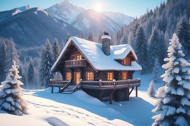 Photo une maison en bois dans les montagnes arbre enneigé paysage d'hiver de conte de fées cottage dans une forêt de sapins dans une station balnéaire d'hivers par une journée ensoleillée et glaciale