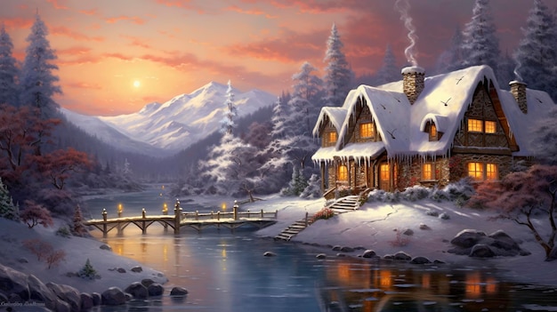 Photo maison en bois dans un paysage d'hiver réaliste style art thomas kinkade ambiance de noël