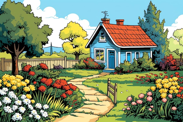 Photo maison en bois dans le village avec des plantes et des fleurs dans le jardin de l'arrière-cour en style cartoon jardin sur la maison