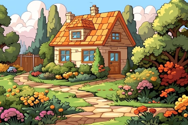 Maison en bois dans le village avec des plantes et des fleurs dans le jardin de l'arrière-cour en style cartoon Jardin sur la maison