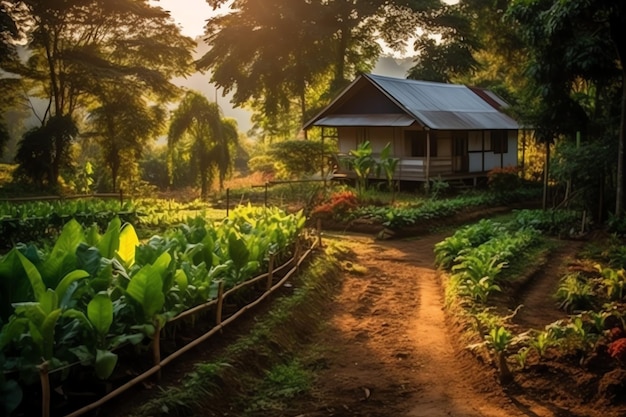 Maison en bois dans un village avec des plantes et des fleurs dans un jardin à l'arrière Jardin et fleur sur une maison rurale