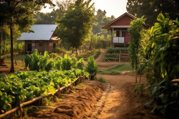 Maison en bois dans un village avec des plantes et des fleurs dans un jardin à l'arrière Jardin et fleur sur une maison rurale