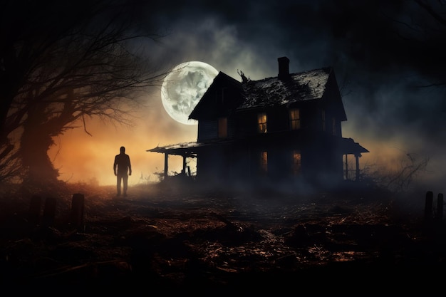 Une maison en bois délabrée sous une grande lune avec une figure à l'entrée