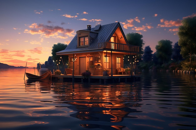 Maison en bois sur l'eau au coucher du soleil