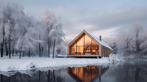 Photo une maison en bois avec des fenêtres panoramiques dans une forêt enneigée