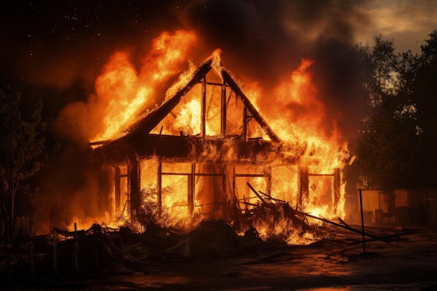 Une maison en bois en feu.