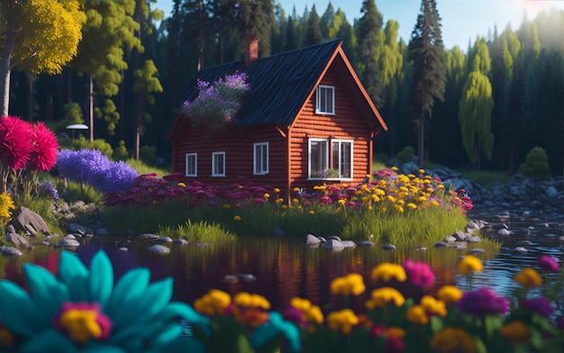 maison en bois avec des fleurs