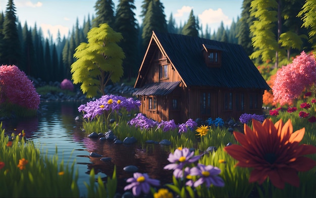 maison en bois avec des fleurs