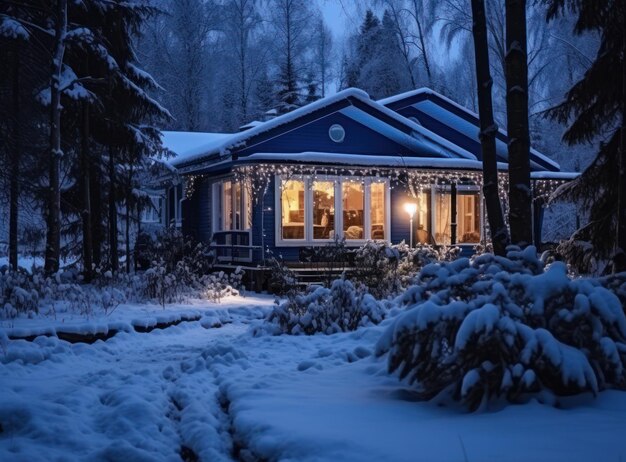 Une maison en bois en hiver