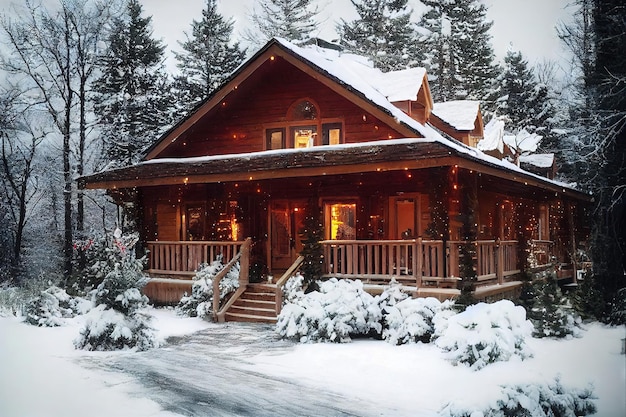 Photo maison en bois le jour de neige